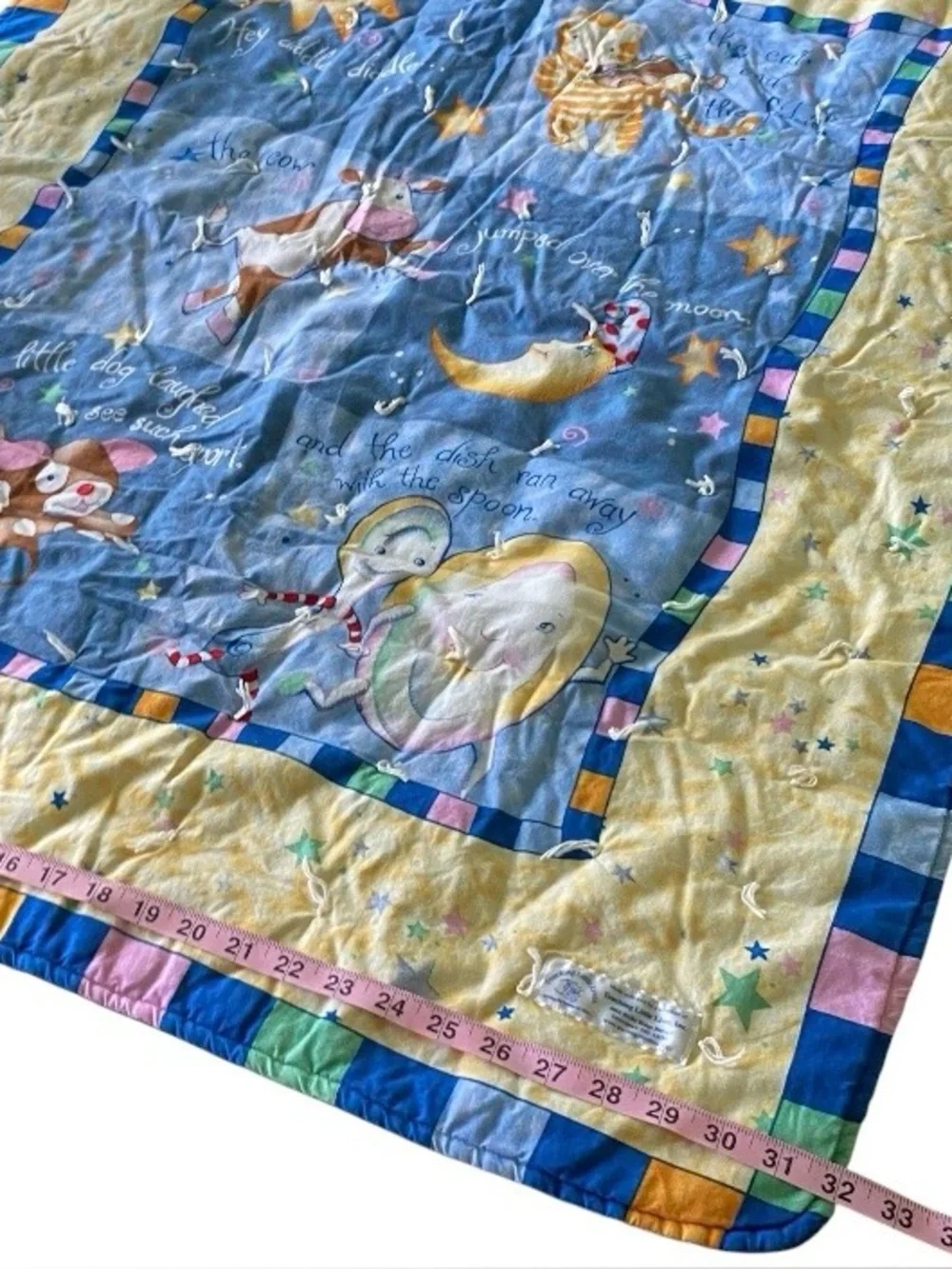 Vtg Hey Diddle Diddle Nursery Rhyme Baby Blanket Stars Cow Celestial Moon Dog